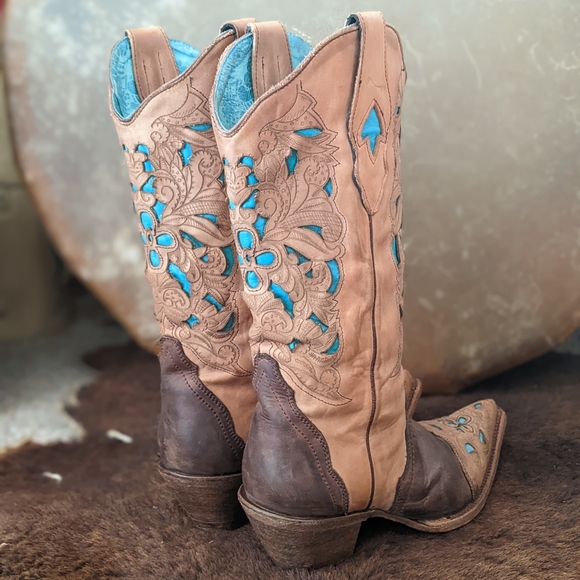 CORRAL C1620 laser tooled tan & turquoise snip toe cowgirl western boots sz 9.5 - Picture 6 of 16